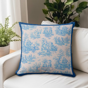 Vintage Blue Turquoise Toile Floral Monogram Throw Pillow