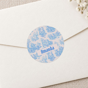 Vintage Blue Turquoise Toile Jouy Floral Monogram Classic Round Sticker
