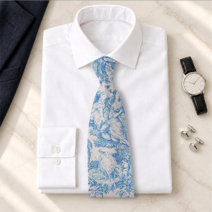 Vintage Blue Turquoise Toile Jouy Floral Neck Tie
