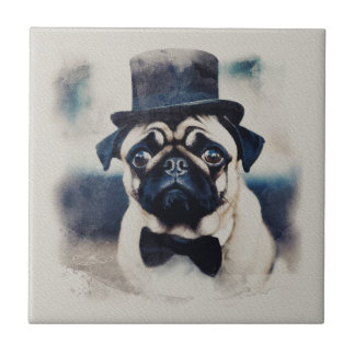 Vintage BLue Tux Pug Portrait Ceramic Tile