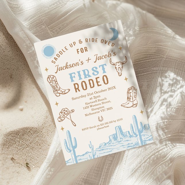 Vintage Blue Twins First Rodeo 1st Birthday Invitation (Boy First Rodeo 1st Birthday Invitation Cowboy Blue Brown Wild West Western Desert Southern Country )