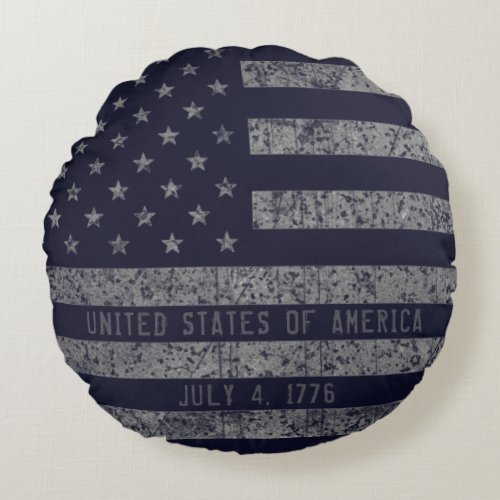 Vintage Blue USA American Flag Distressed Text Round Pillow