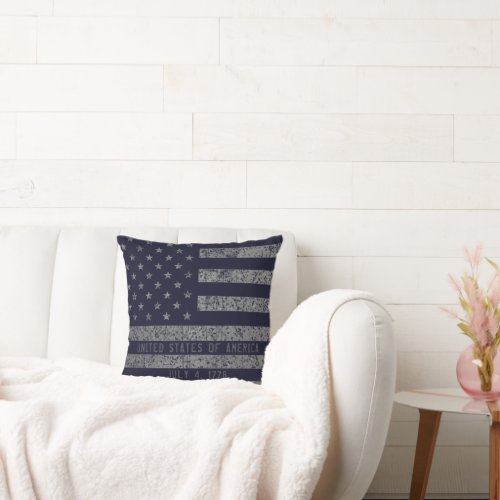 Vintage Blue USA American Flag Distressed Text Throw Pillow