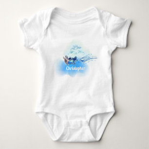 Vintage Blue Watercolor Aeroplane Name Baby Bodysuit