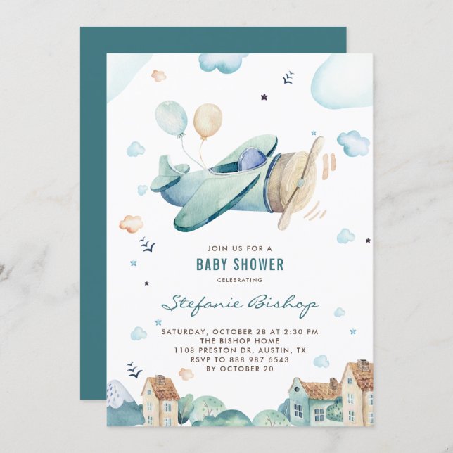 Vintage Blue Watercolor Airplane Boy Baby Shower Invitation (Front/Back)