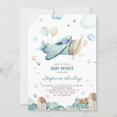 Vintage Blue Watercolor Airplane Boy Baby Shower Invitation (Front)