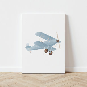 Vintage Blue Watercolor Biplane Faux Canvas Print