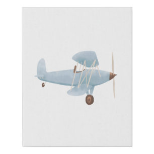 Vintage Blue Watercolor Biplane Faux Canvas Print