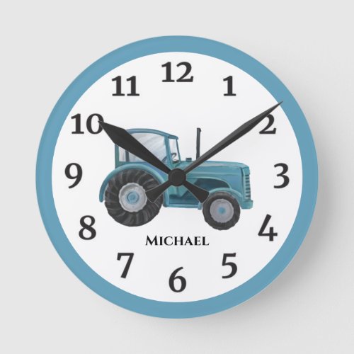 Vintage Blue Watercolor Farm Tractor Wall Clock