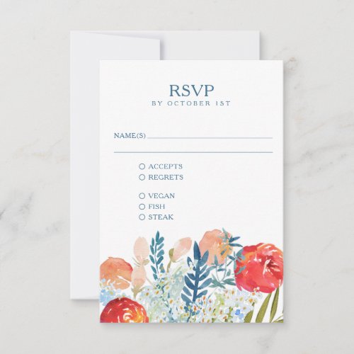 Vintage Blue Watercolor Floral Boho Wedding Meal RSVP Card