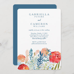 Vintage Blue Watercolor Floral Boho Wedding RSVP Invitation
