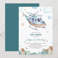 Vintage Blue Watercolor Helicopter Boy Baby Shower