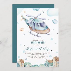 Vintage Blue Watercolor Helicopter Boy Baby Shower Invitation