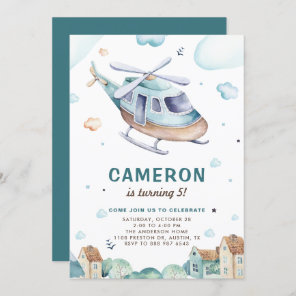 Vintage Blue Watercolor Helicopter Kids Birthday Invitation