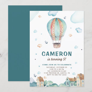 Vintage Blue Watercolor Hot Air Balloon Birthday Invitation