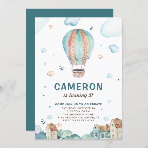 Vintage Blue Watercolor Hot Air Balloon Birthday Invitation