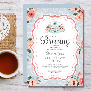 Vintage Blue Watercolor Tea Party Baby Shower Invitation
