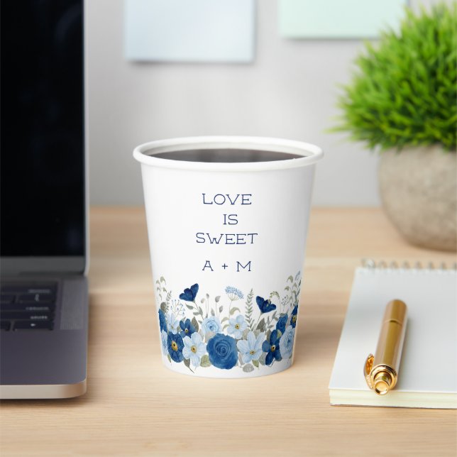 Vintage blue watercolour floral wedding paper cups (Insitu)