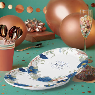 Vintage blue watercolour floral wedding paper plates