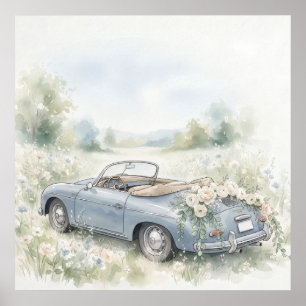 Vintage Blue Wedding Getaway Car Watercolor Poster