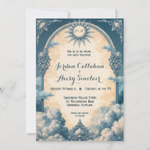 Vintage Blue Wedding Invitation with Sun and Cloud