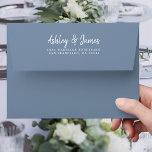 Vintage Blue Wedding Return Address Envelope<br><div class="desc">Chic, modern and simple wedding return address envelope with your names in white elegant handwritten script calligraphy on a vintage blue background. Simply add your names and address. Exclusively designed for you by Happy Dolphin Studio. This beautiful wedding envelope is part of the 'dusty rose floral' wedding collection in our...</div>