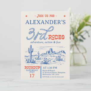 Vintage Blue Western Desert Rodeo 3rd Birthday Invitation