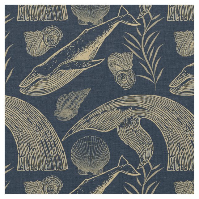 Vintage Blue Whale Nautical  Fabric (Close Up)