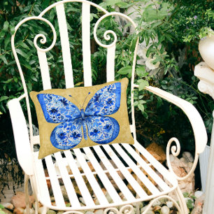 Vintage Blue White Butterfly Antique Gold Damask Accent Pillow