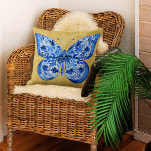 Vintage Blue White Butterfly Antique Gold Damask Throw Pillow