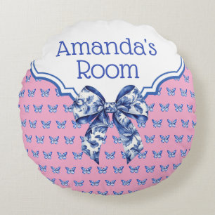 Vintage Blue White Butterfly Bow Personalized Round Pillow