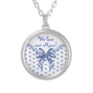 Vintage Blue White Butterfly Bow Personalized Silver Plated Necklace
