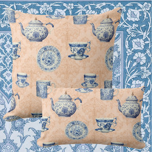 Vintage Blue White Chinoiserie Faded Peach Damask Throw Pillow