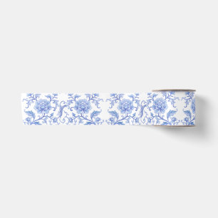 Vintage Blue White Chinoiserie Floral Pattern Satin Ribbon