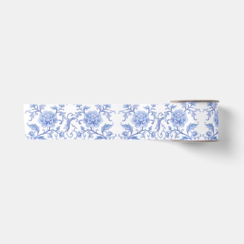 Vintage Blue White Chinoiserie Floral Pattern Satin Ribbon