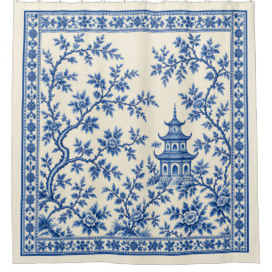 Vintage Blue White Chinoiserie Pagoda Floral Shower Curtain