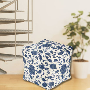 Vintage Blue White Chinoiserie Pattern Floral Pouf