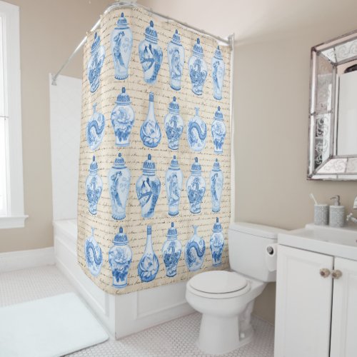 Vintage Blue White Chinoiserie Temple Ginger Jars Shower Curtain