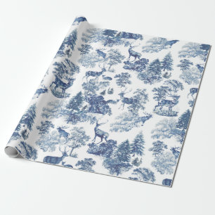 Vintage Blue White Deer in Snowy Woodland Wrapping Paper