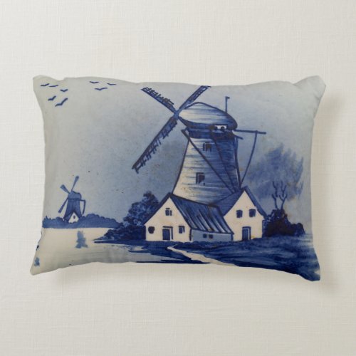 Vintage Blue White Delft Windmill Accent Pillow
