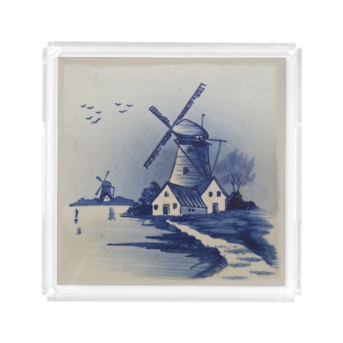 Vintage Blue White Delft Windmill Acrylic Tray