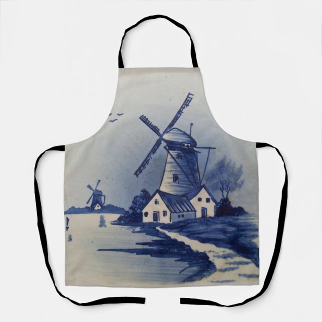 Vintage Blue White Delft Windmill Apron (Front)