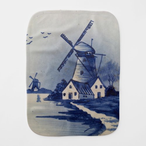 Vintage Blue White Delft Windmill Baby Burp Cloth
