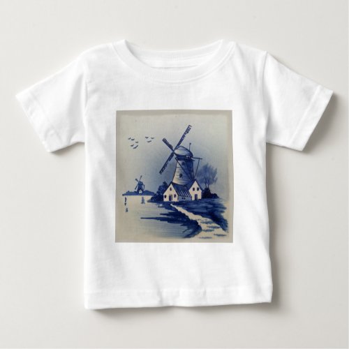 Vintage Blue White Delft Windmill Baby T_Shirt