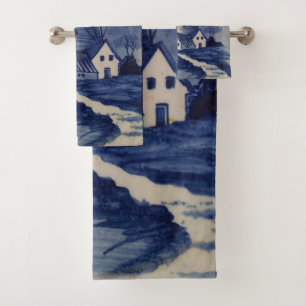 Vintage Blue White Delft Windmill Bath Towel Set
