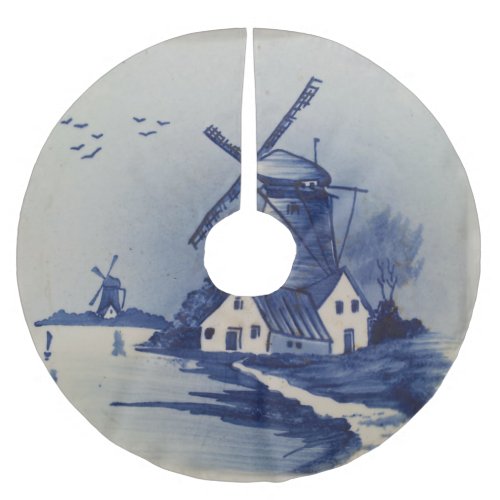 Vintage Blue White Delft Windmill Brushed Polyester Tree Skirt