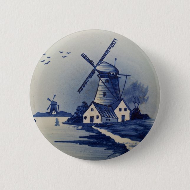 Vintage Blue White Delft Windmill Button (Front)