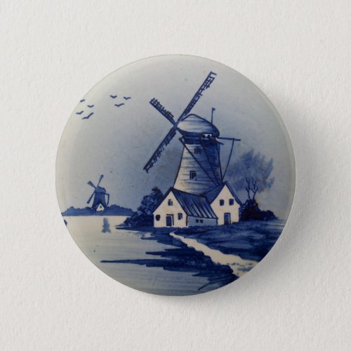Vintage Blue White Delft Windmill Button