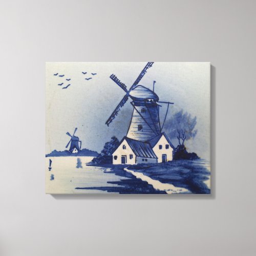 Vintage Blue White Delft Windmill Canvas Print