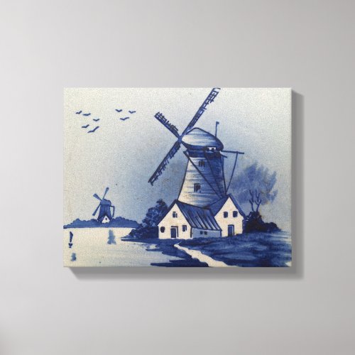Vintage Blue White Delft Windmill Canvas Print